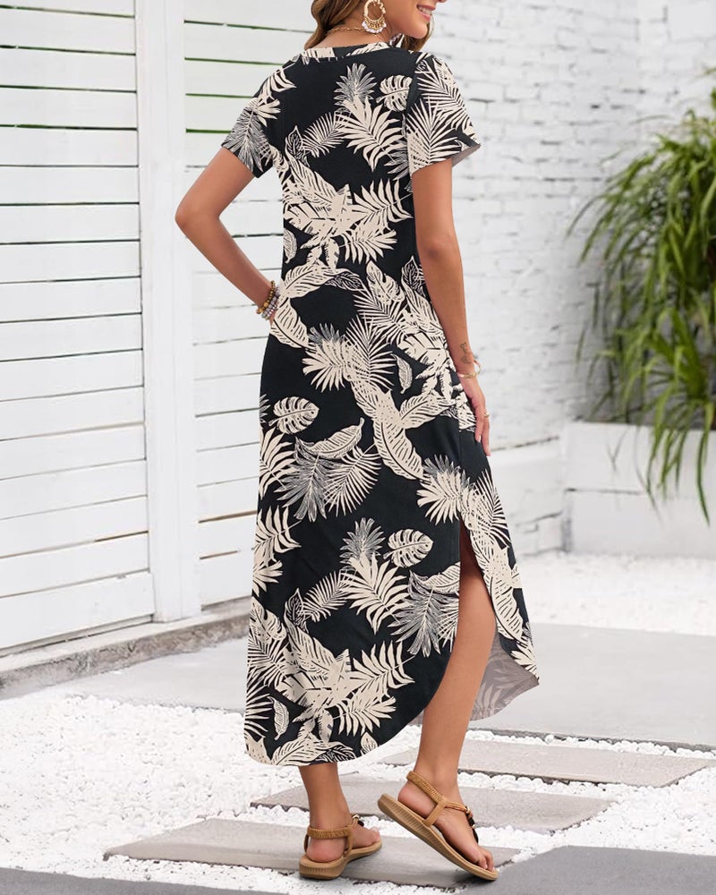 MISFAY Women's Summer Casual Maxi Dress 2026 Short Sleeves V Neck Loose Sundress Split Long Beach T Shirt Dress Vacation Outfits(Rainforest Leaves,M) - Image 3