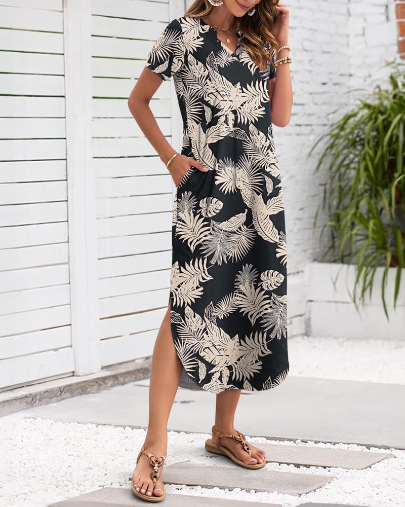 MISFAY Women's Summer Casual Maxi Dress 2026 Short Sleeves V Neck Loose Sundress Split Long Beach T Shirt Dress Vacation Outfits(Rainforest Leaves,M) - Image 2