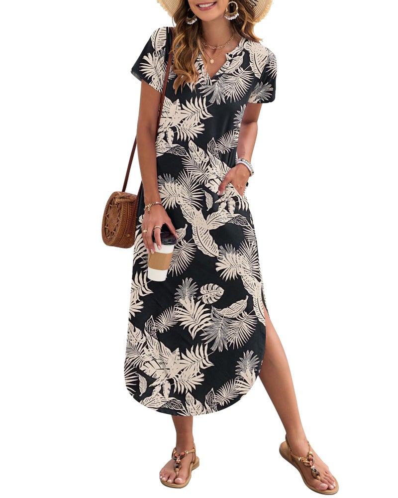 MISFAY Women's Summer Casual Maxi Dress 2026 Short Sleeves V Neck Loose Sundress Split Long Beach T Shirt Dress Vacation Outfits(Rainforest Leaves,M) - Image 1