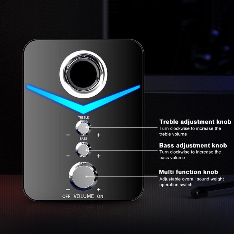 3 In 1 Home Speaker Set: Black USB Powered Sound Box With Bass Phase Reversal Hole - Independent Treble Bass Volume Knobs Ice Blue Atmosphere Lamp For Home Office Computer Mobile Phone Tv Tablets - Image 2