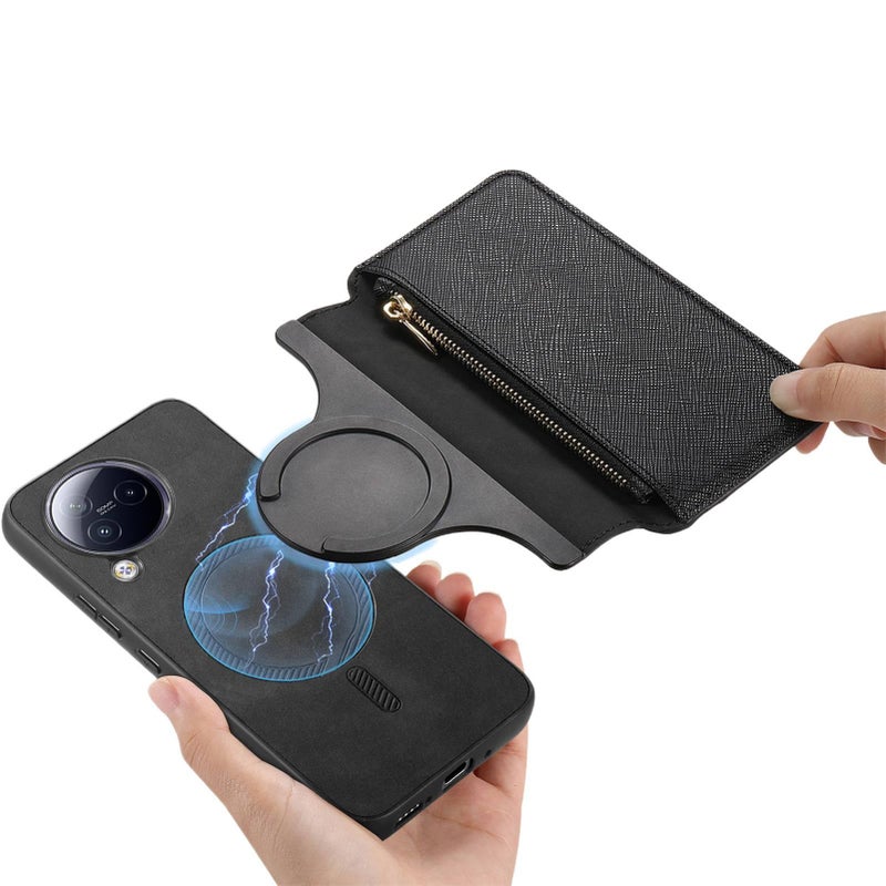 غطاء هاتف بملمس جلد لـ Redmi Note 14 مع حامل بطاقات وحامل قائم مع مغناطيسي قوي باللون أسود بوظيفة حامل باللون الأسود باللون الأحمر - Image 1