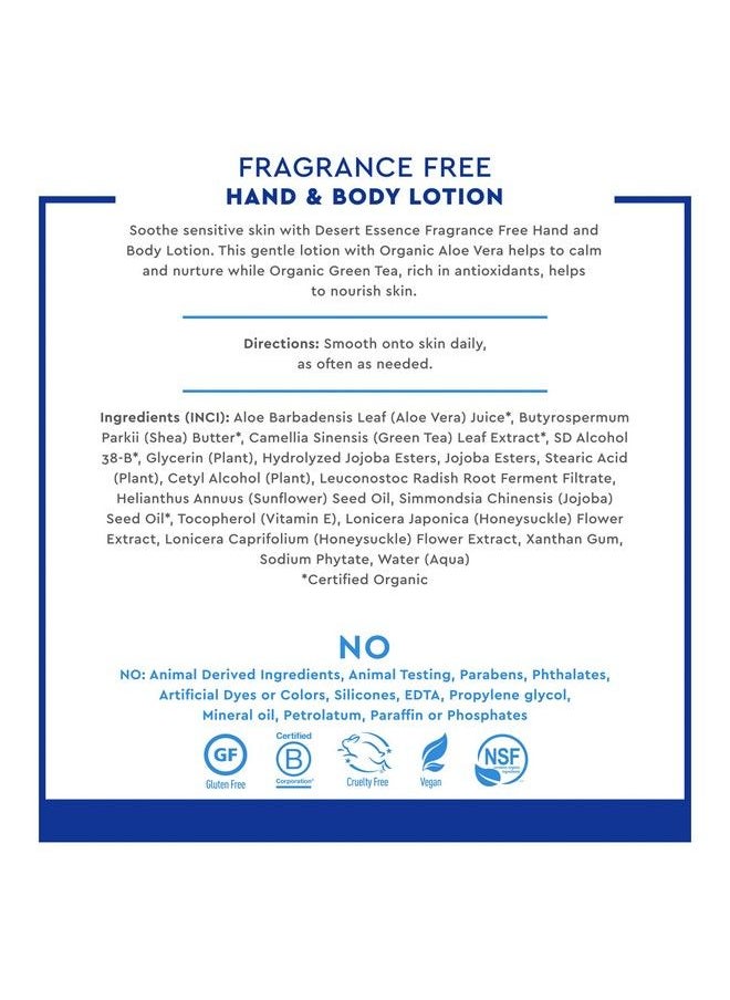 DESERT ESSENCE - Fragrance Free Hand & Body Lotion  8 Fl Ounce  Soothing  Aloe Vera  Shea Butter  Green Tea  Coconut Oil  Jojoba Oil - Image 1