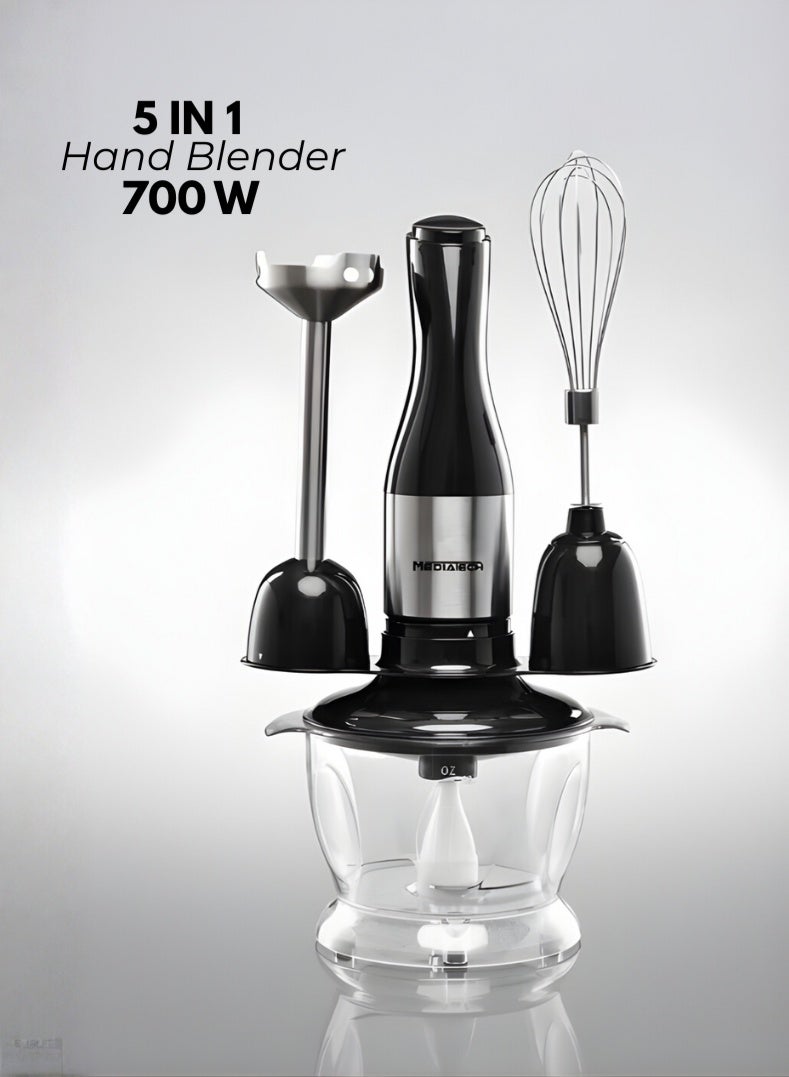 5 In 1 Hand Blender | 1.0L Chopper Bowl and 500mL Measuring Cup | 700W | Whisker & Batter Mixer Attachments | Stainless Steel Blades and Rods | BPA-Free Chopper Bowl | 8 Pieces | Safety Button | MT-HB14