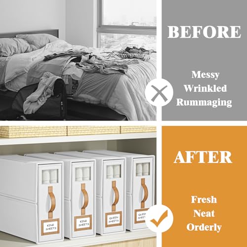 BigPonPon 3 Pack Foldable Bed Sheets Set Organizers and Storage(King & Queen Size),Linen Fabric Closet Organizers with Window,Folding Bedding Storage Box for Bedsheets and Pillow Cube Organizer-White - Image 2