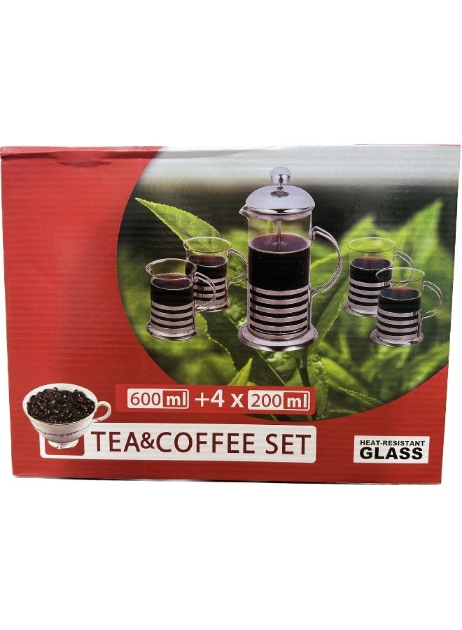 ECVV Coffee Plunger French Press Coffee and Tea Maker 600ml with 4 Cups 200ml Silver - Image 1