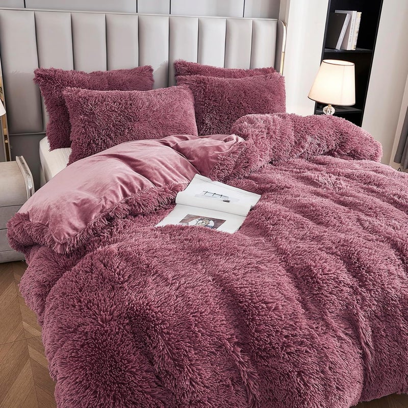 Uhamho Faux Fur Velvet Fluffy Bedding Duvet Cover Set Down Comforter Quilt Cover with Pillow Shams, Ultra Soft Warm and Luxury (King, Dusty Rose) - Image 2