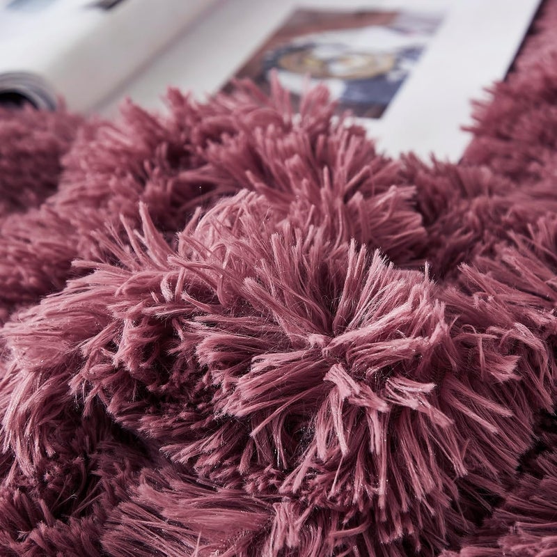 Uhamho Faux Fur Velvet Fluffy Bedding Duvet Cover Set Down Comforter Quilt Cover with Pillow Shams, Ultra Soft Warm and Luxury (King, Dusty Rose) - Image 4