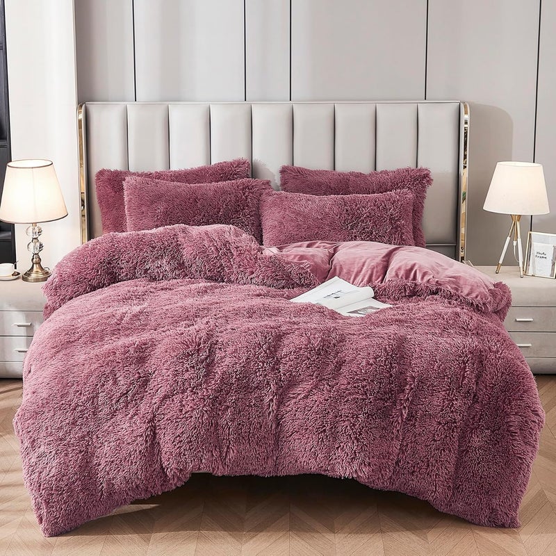 Uhamho Faux Fur Velvet Fluffy Bedding Duvet Cover Set Down Comforter Quilt Cover with Pillow Shams, Ultra Soft Warm and Luxury (King, Dusty Rose) - Image 1