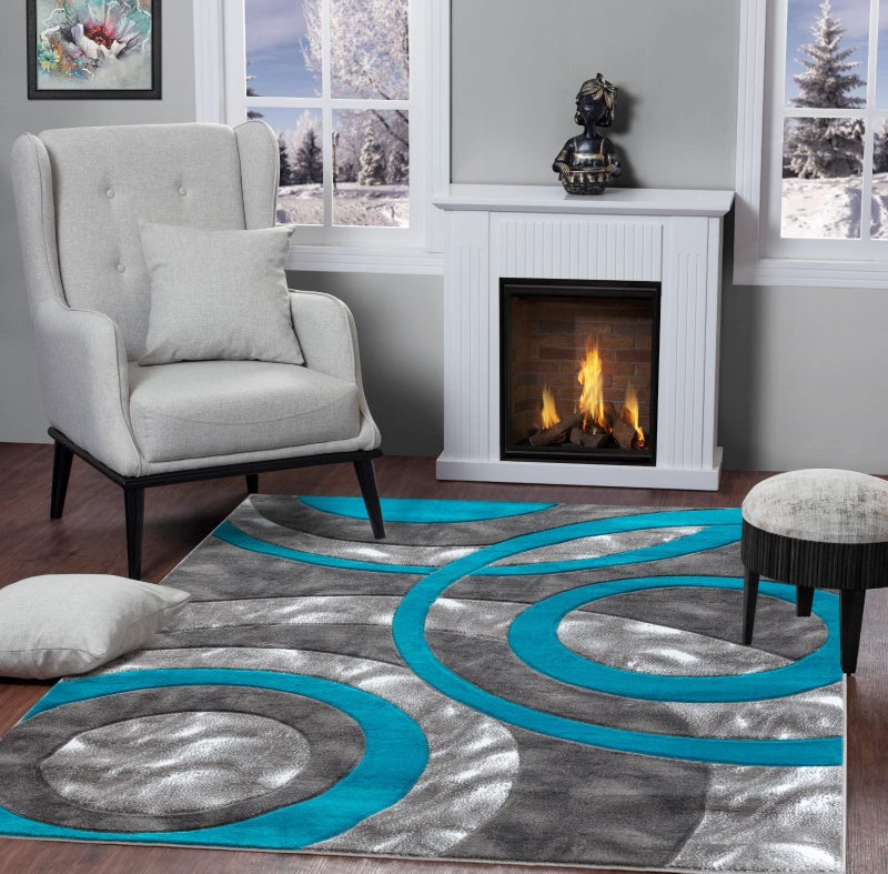 GLORY RUGS Area Rug Modern 5x7 Turquoise Circles Geometry Soft Hand Carved Contemporary Floor Carpet Fluffy Texture for Indoor Living Dining Room and Bedroom Area