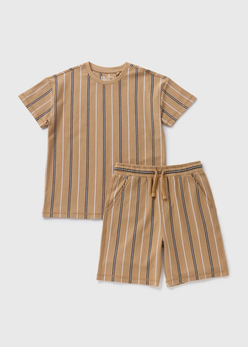 Matalan Boys Tan Pique Stripe T-Shirt & Shorts Set