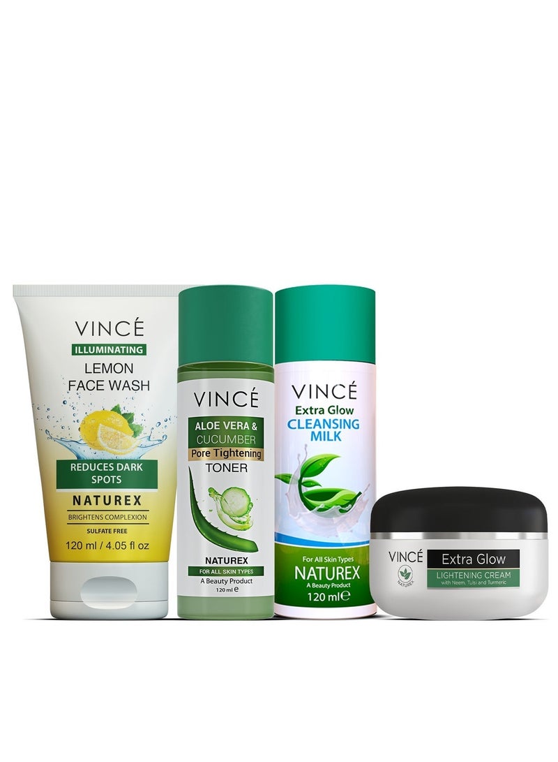 VINCE Natural Glow Kit - Lemon Face Wash 120ml + Toner 120ml + Cleansing Milk 120ml + Face Glow Cream 40ml – Brightens Dull Skin & Spots, Tightens Pores, Controls Oil & Moisturizes – Perfect for a Natural Glow