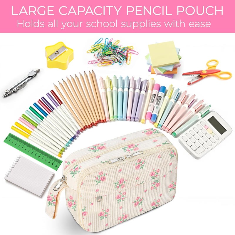 Girls’ Floral Pink Large-Capacity Plush Pencil Case with Lid, Multi-Compartment Soft Storage Bag (Suitable for Girls, Teens, and Women) - Image 4