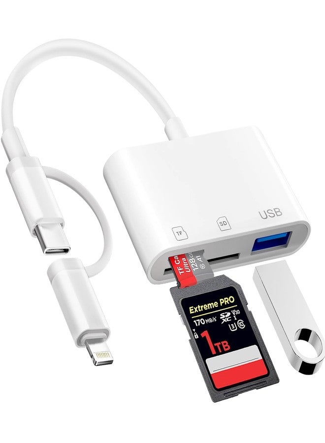 قارئ بطاقات الذاكرة Denlane لأجهزة iPhone و iPad و Mac، موصل مزدوج، قارئ بطاقات ذاكرة USB-C، محول بطاقات SD لأجهزة iPhone، يدعم بطاقات SD/Micro SD/USB-A، عارض بطاقات الكاميرات الرقمية لأجهزة iPhone، سهل الاستخدام (التوصيل والتشغيل). - Image 1