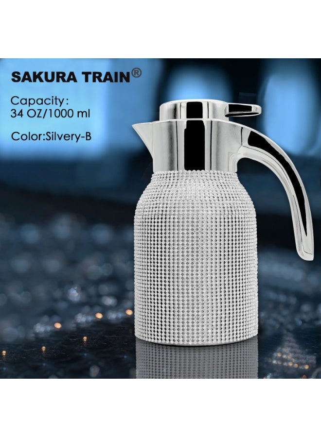 Sakura Train Hand Studded Bling Diamond Thermal Coffee Carafe Insulated Stainless Steel Vacuum Coffee Carafe for Hot Liquids, Turkish Middle Eastern Style Stainless Steel Teapot Coffee Pot for Women, Men, Adults, Guests or For Tea Party - Best Gift Idea - Image 1