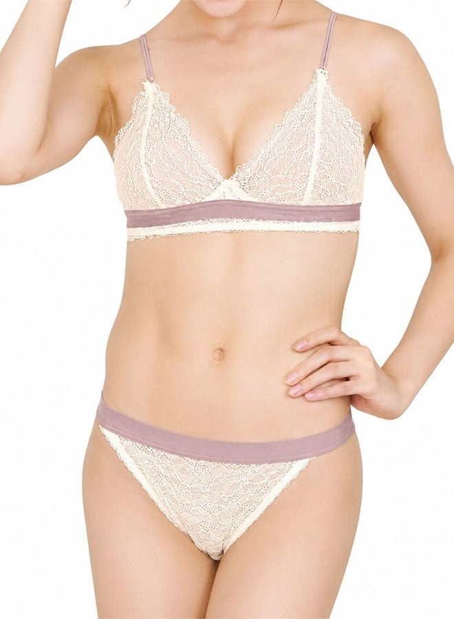 MARGOUN Women's Lace Lingerie Set - Wireless Triangle Bralette and Matching Panty - Caramel - Image 1