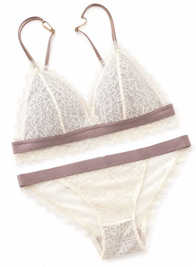MARGOUN Women's Lace Lingerie Set - Wireless Triangle Bralette and Matching Panty - Caramel - Image 2