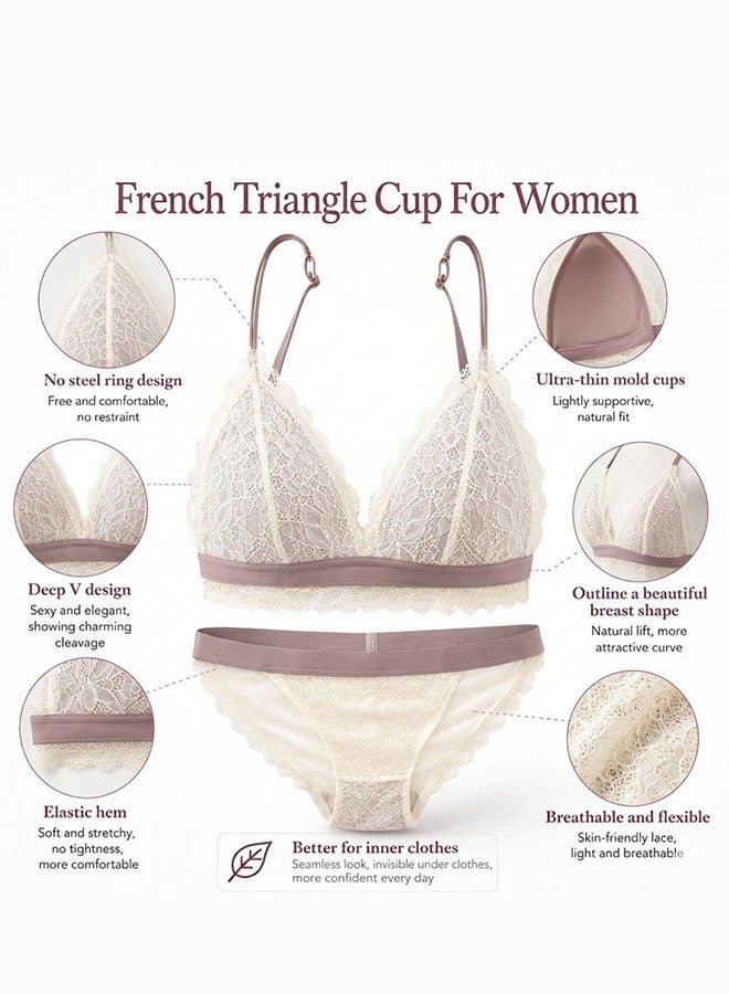 MARGOUN Women's Lace Lingerie Set - Wireless Triangle Bralette and Matching Panty - Caramel - Image 3