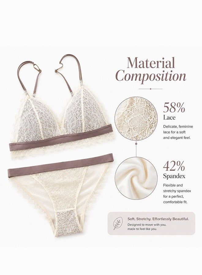 MARGOUN Women's Lace Lingerie Set - Wireless Triangle Bralette and Matching Panty - Caramel - Image 5