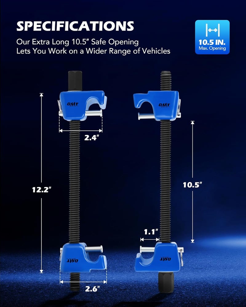 Orion Motor Tech مجموعة أدوات ضغط نوابض قضبان ماكفرسون من شركة أوريون موتور تك ( Macpherson Strut Spring Compressor Tool Set) بنطاق عمل يصل إلى 10.5 بوصة، تتضمن أدوات ضغط مزدوجة لنوابض الأسلاك ذات الحمل الثقيل بقاعدة مربعة بقطر 1/2 بوصة، بالإضافة إلى مجموعة أدوات سداسية الشكل (Hex Auto Tool Set) لأعمال النظام التعليقي، باللون الأزرق. - Image 3