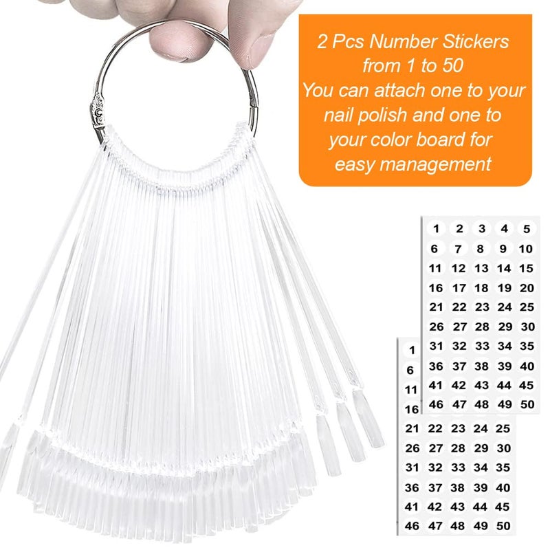 JASSINS 50 Pcs Nail Swatch Sticks with Ring and Numbered Tips - Clear Fan-shaped Display for Nail Art Polish Practice - Image 2