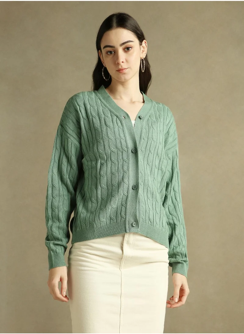 Dennis Lingo Women's Sage Green 100% Acrylic Solid Regular Fit Sweater