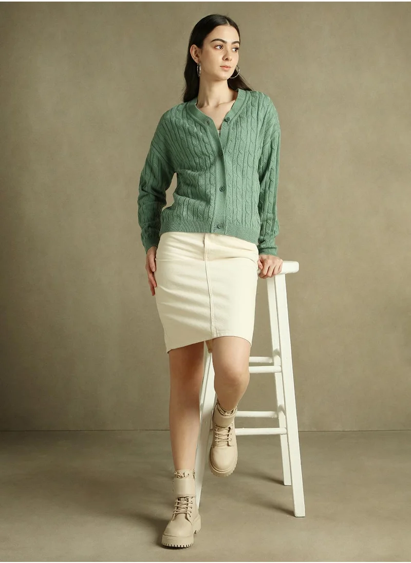 Dennis Lingo Women's Sage Green 100% Acrylic Solid Regular Fit Sweater