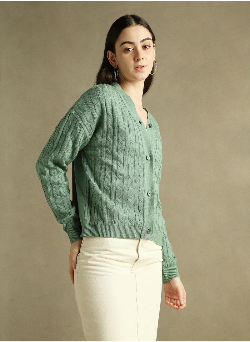 Dennis Lingo Women's Sage Green 100% Acrylic Solid Regular Fit Sweater  - Image 2