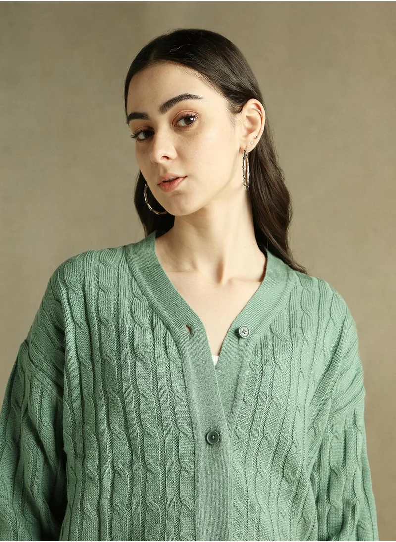 Dennis Lingo Women's Sage Green 100% Acrylic Solid Regular Fit Sweater