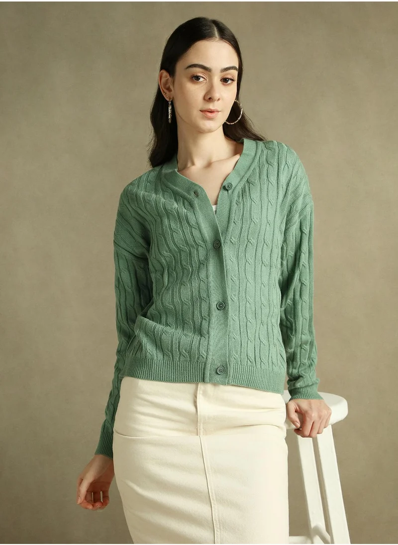 دينيس لينغو Women's Sage Green 100% Acrylic Solid Regular Fit Sweater