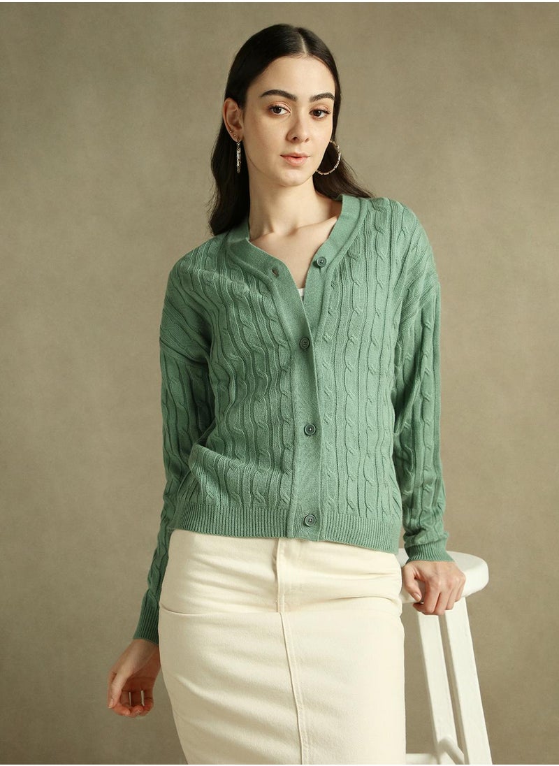 Dennis Lingo Women's Sage Green 100% Acrylic Solid Regular Fit Sweater  - Image 1