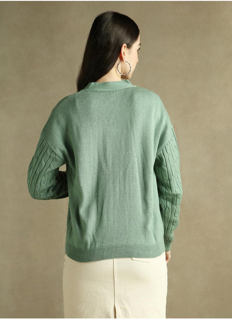 Dennis Lingo Women's Sage Green 100% Acrylic Solid Regular Fit Sweater  - Image 3
