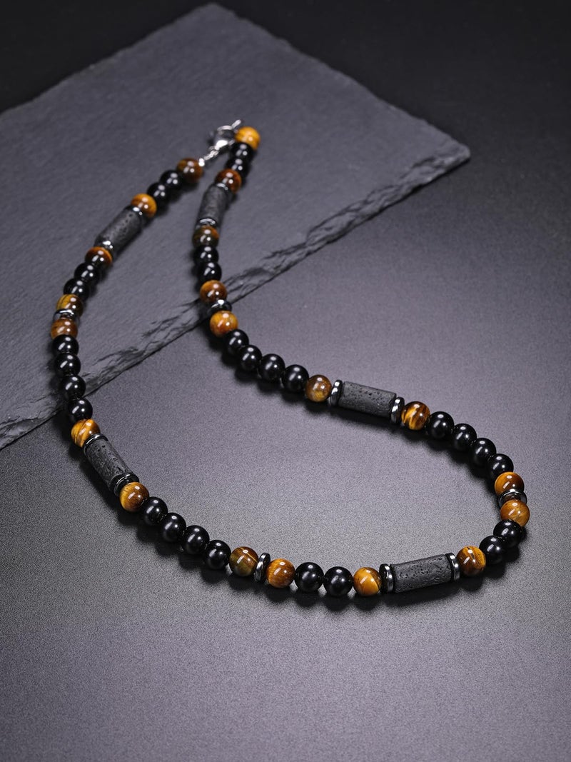 Top Plaza Men's Tiger Eye Lava Stones Obsidian Necklace Healing Crystal Handmade Gemstone Beaded Necklace for Men Stress Relief Balance Protection Jewelry Gifts - Image 3