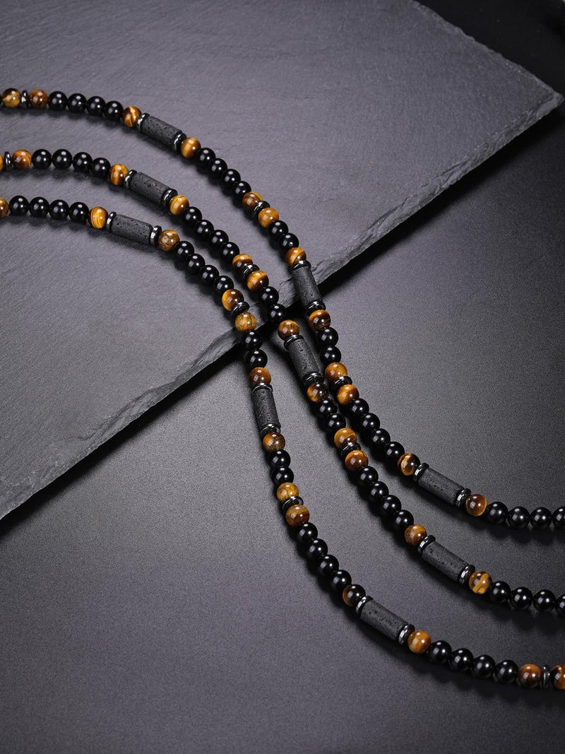 Top Plaza Men's Tiger Eye Lava Stones Obsidian Necklace Healing Crystal Handmade Gemstone Beaded Necklace for Men Stress Relief Balance Protection Jewelry Gifts - Image 5
