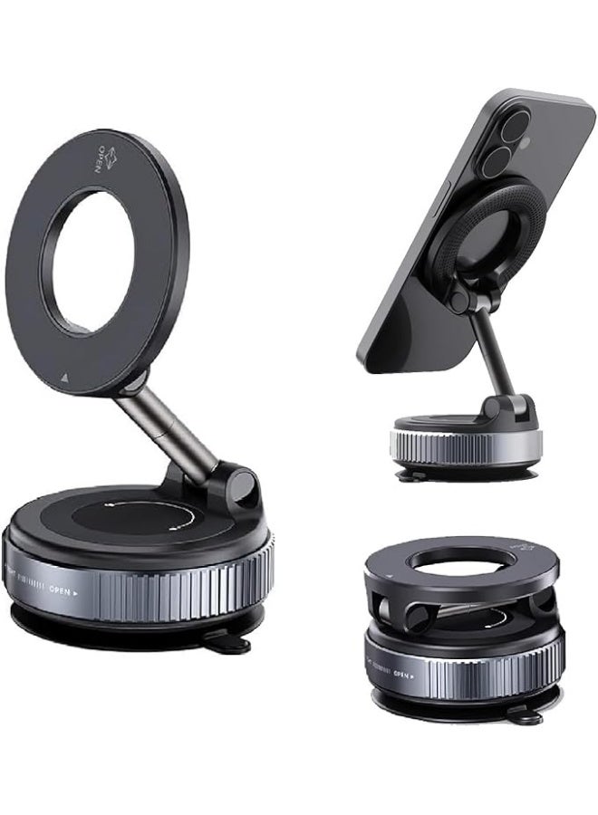 Car Mobile Phone Holder with Suction Cup, Compatible with MagSafe, 360° Adjustable aFoldable Magnetic Phone Holder For Car/Wibandshield/Glass/Any Smooth Surface - Black - Image 2