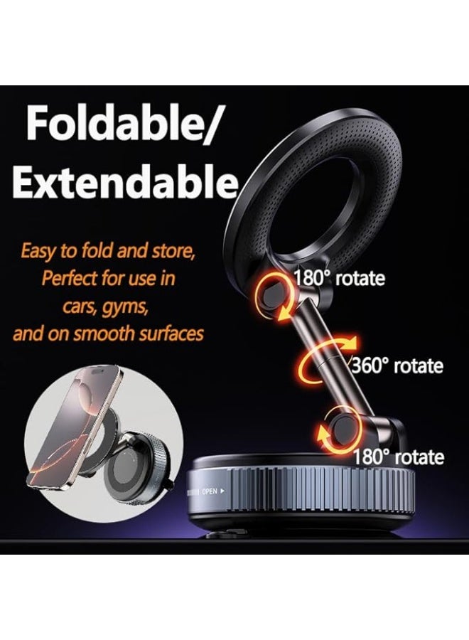 Car Mobile Phone Holder with Suction Cup, Compatible with MagSafe, 360° Adjustable aFoldable Magnetic Phone Holder For Car/Wibandshield/Glass/Any Smooth Surface - Black - Image 3