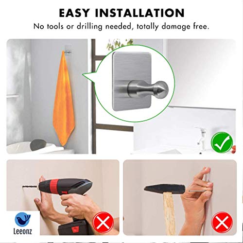 Leeonz Adhesive Hooks, Wall Hanger Towel Hooks Heavy Duty Hooks for Hanging Ideal for Bathroom Shower Kitchen Home Door Closet Cabinet Stainless Steel (Set of 2, C) - Image 4