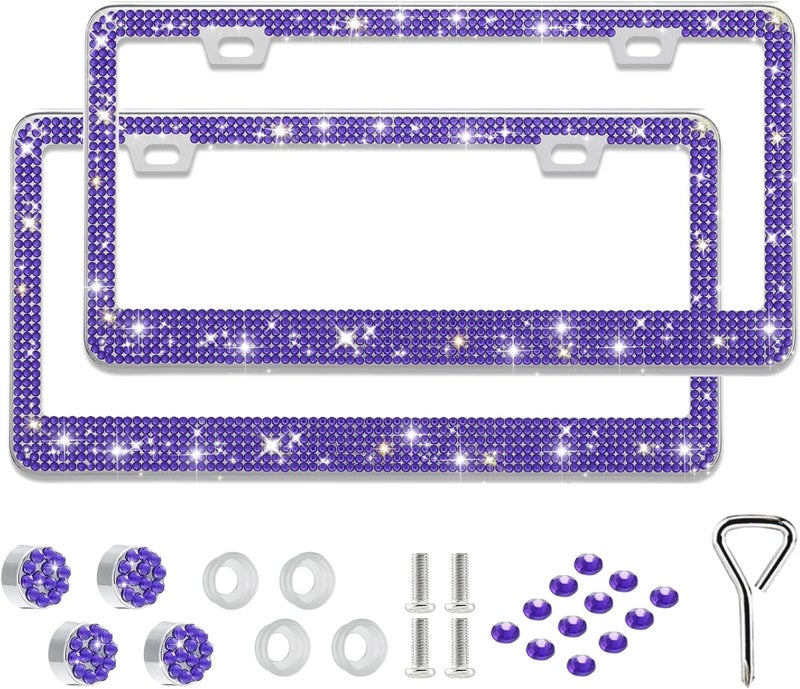 2 Pack Bling License Plate Frame for Women,Sparkly Rhinestone Stainless Steel License Plate Holder,Car Accessories with Glitter Crystal Caps (Violet)