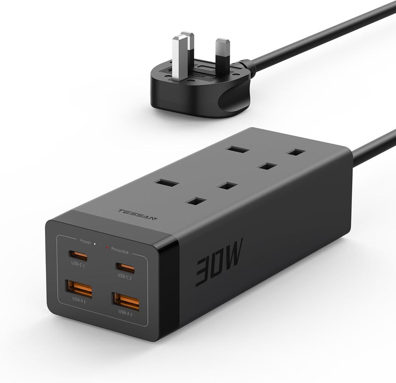 تيسان سلك تمديد TESSAN مع 4 منافذ USB، شاحن سريع USB C بقدرة 30 واط مع مقبس تمديد ثنائي الاتجاه، شريط طاقة محمي من زيادة التيار بطول 2 متر، محول متعدد المقابس بقدرة 3250 واط للاستخدام المنزلي والمكتبي والمدرسي - Image 1