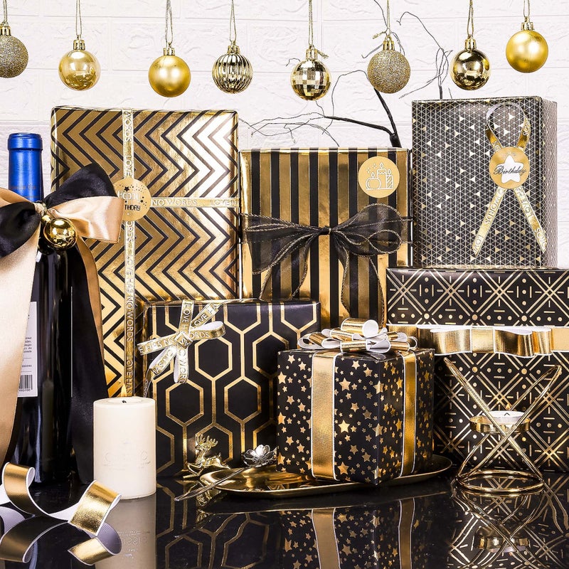 Larcenciel Gift Wrapping Paper Set, 6 Sheets Metallic Black Gold Foil Wrapping Paper w/Gift Bow & Sticker, Shiny Luxury Men Boys Gift Wraps for Birthday, Holiday, Graduation, Baby Shower, 27.5x19.6in - Image 4