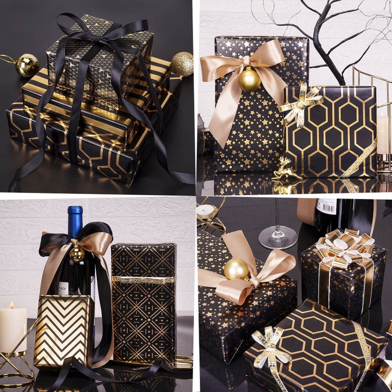 Larcenciel Gift Wrapping Paper Set, 6 Sheets Metallic Black Gold Foil Wrapping Paper w/Gift Bow & Sticker, Shiny Luxury Men Boys Gift Wraps for Birthday, Holiday, Graduation, Baby Shower, 27.5x19.6in - Image 5