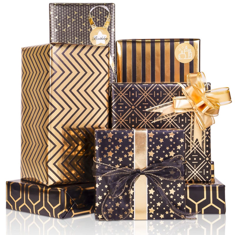 Larcenciel Gift Wrapping Paper Set, 6 Sheets Metallic Black Gold Foil Wrapping Paper w/Gift Bow & Sticker, Shiny Luxury Men Boys Gift Wraps for Birthday, Holiday, Graduation, Baby Shower, 27.5x19.6in - Image 1