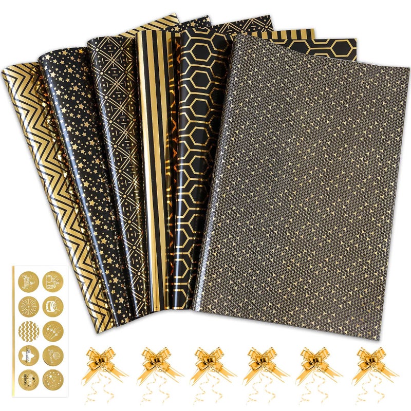 Larcenciel Gift Wrapping Paper Set, 6 Sheets Metallic Black Gold Foil Wrapping Paper w/Gift Bow & Sticker, Shiny Luxury Men Boys Gift Wraps for Birthday, Holiday, Graduation, Baby Shower, 27.5x19.6in - Image 2