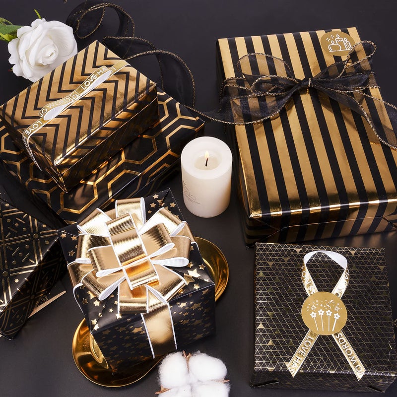 Larcenciel Gift Wrapping Paper Set, 6 Sheets Metallic Black Gold Foil Wrapping Paper w/Gift Bow & Sticker, Shiny Luxury Men Boys Gift Wraps for Birthday, Holiday, Graduation, Baby Shower, 27.5x19.6in - Image 3