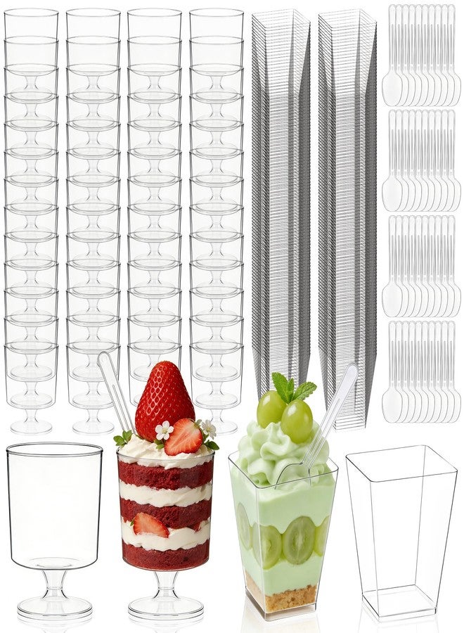 Cheardia 320 Pack Dessert Cups, 5 oz Mini Plastic Clear Parfait Cup, Reusable Square and Round Goblet Dessert Bowl with Spoon, Shot Glasses Container for Parfait Jello Appetizer Cocktail Yogurt Party - Image 1