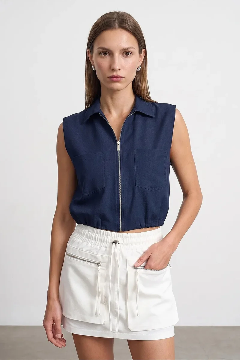 DILVIN Women's Cropped Sleeveless Shirt With Zip