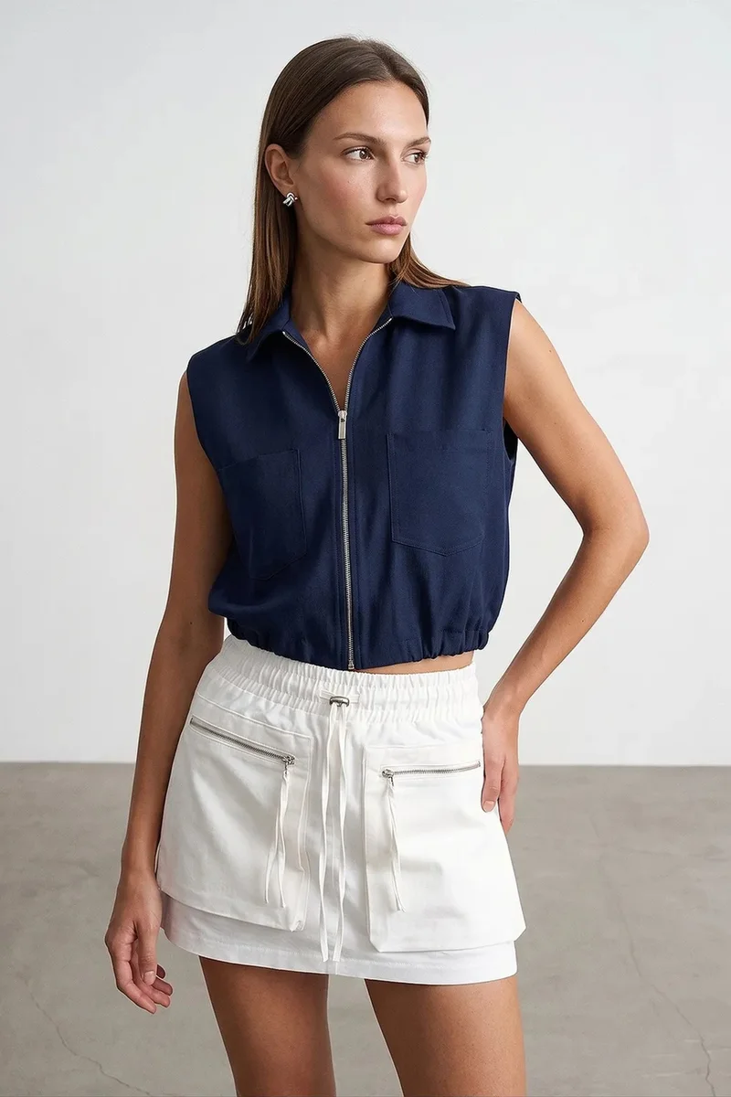 Dilvin Navy Blue DILVIN Women's Cropped Sleeveless Shirt With Zip for Women | Best Price UAE