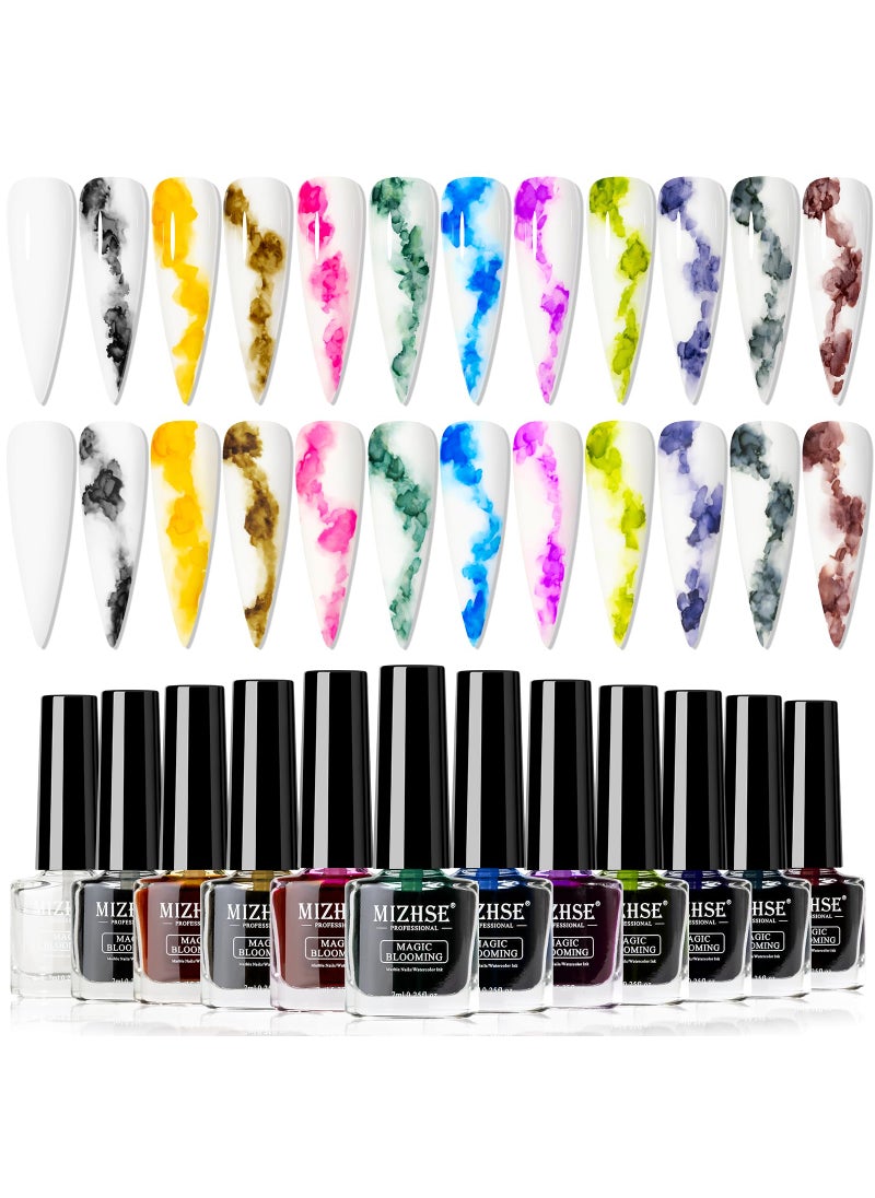 MIZHSE MIZHSE Marble Nail Polish, Marble Ink for Nails Gel Blooming Gel Nail Polish 12 Colors Nail Ink Magic Watercolor Pink Blue Purple Blossom Gel for Manicure Nail Varnish Art Flower Design 