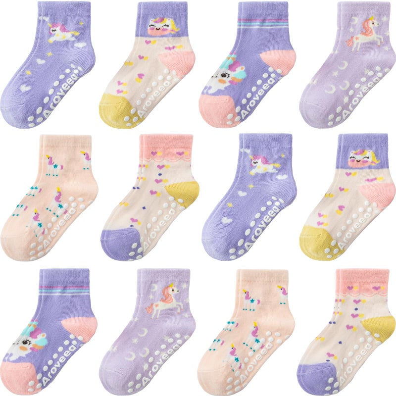 Aroveea Non Slip Grip Ankle Baby Socks 12 Pack for Toddler Boys and Girls Kids Infant Baby Cute Cotton Socks - Image 1