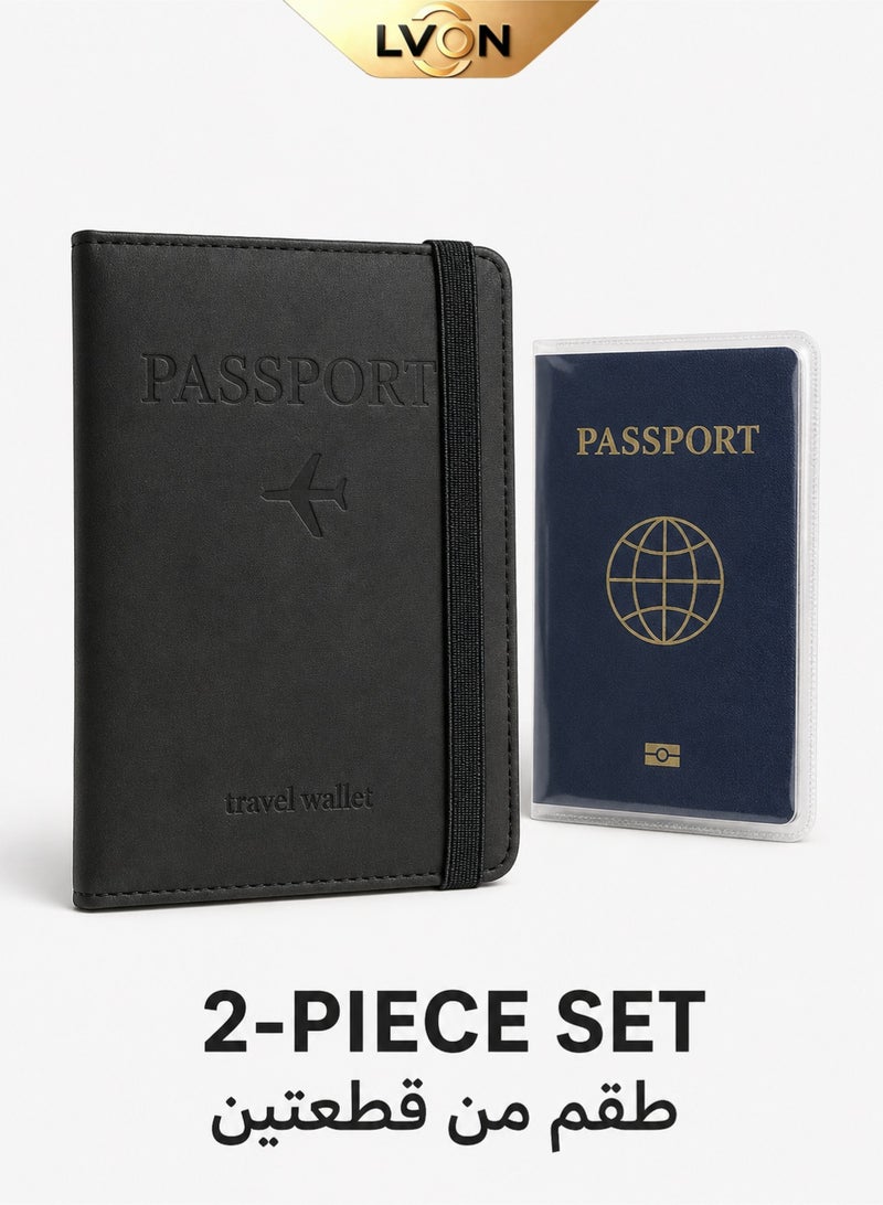 LVON 2-Piece Passport Holder Set, RFID Passport Wallet with Card & Boarding Pass Slots + Transparent Waterproof PVC Passport Cover, Travel Essentials for Women & Men(black) - Image 1