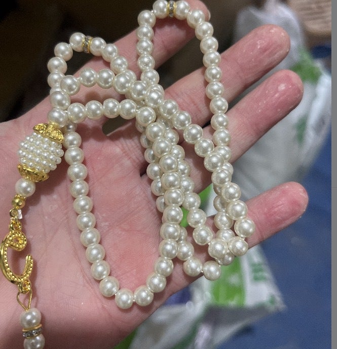 99 Beads Glass Faux Pearl TASBIH Prayer Accessory White 